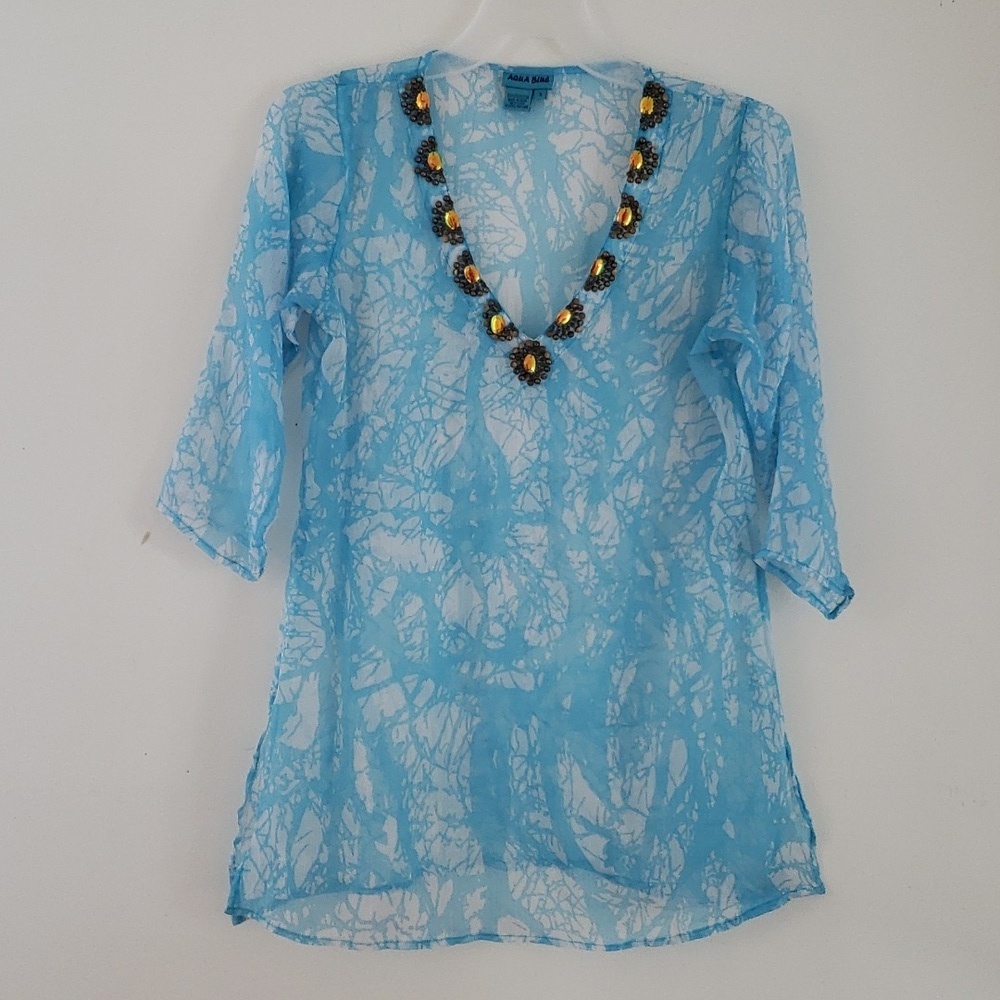 Aqua Blue Sheer Floral Blue on White Tie Dye Swim Coverup, Size S